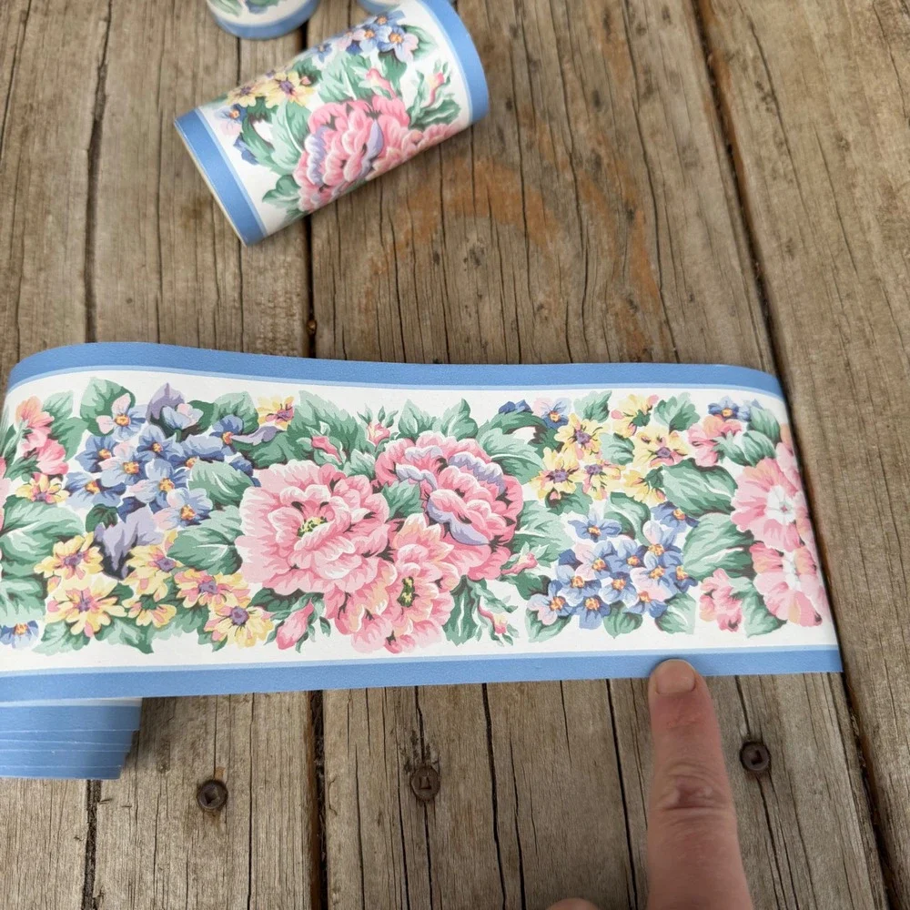 Vtg Rosedale Floral Wallpaper Border 5 Rolls Blue Pink Peony Vintage Style